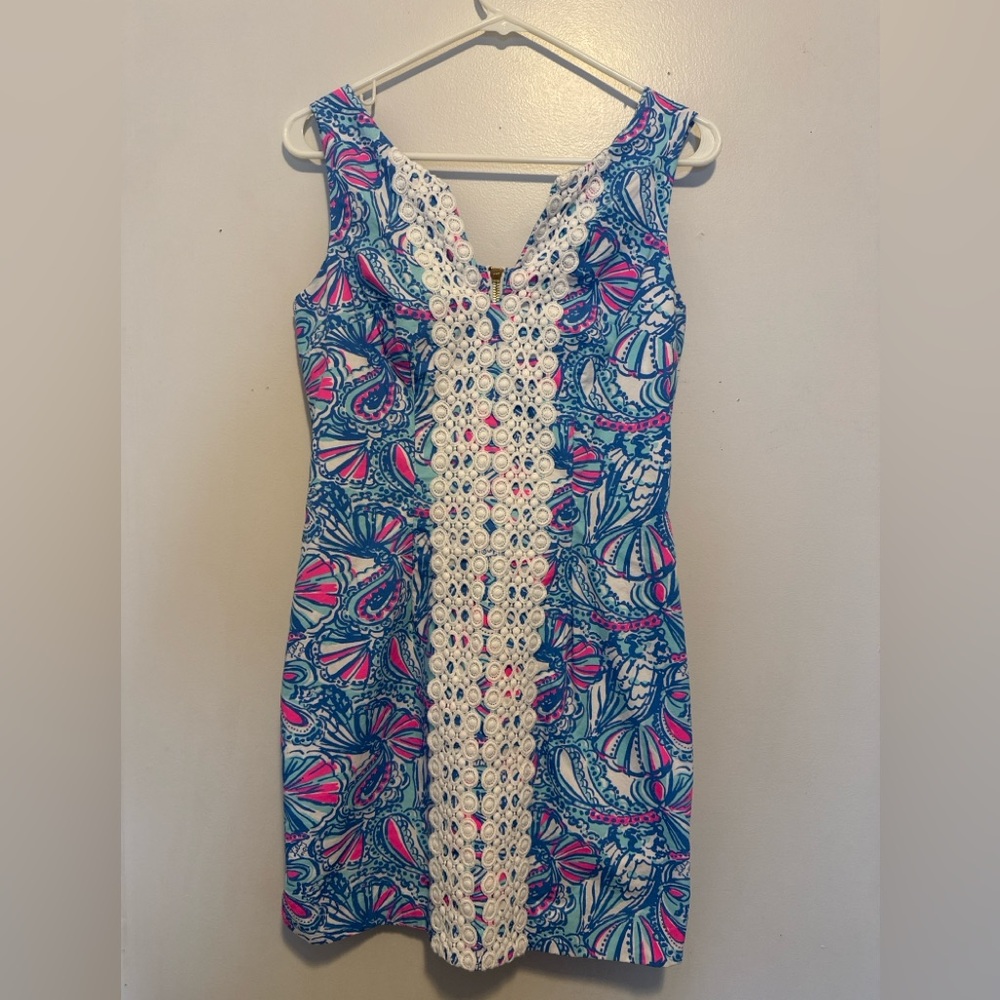 Lilly Pulitzer Shift Dress Blue Pink Seashell Print Lace Trim Size 6